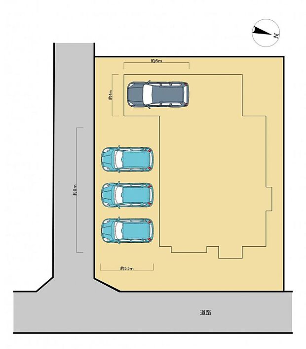 【区画図】車庫内に1台、庭を解体して拡張した駐車スペースに3台の合計4台駐車可能です。並列で停められますのでご家族皆様のお車を敷地内に置くことが出来ます