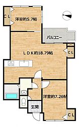 信開ベルシー稲荷元町 2LDKの間取図画像