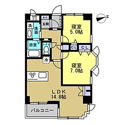 信開ドムス城川原 2LDKの間取図画像