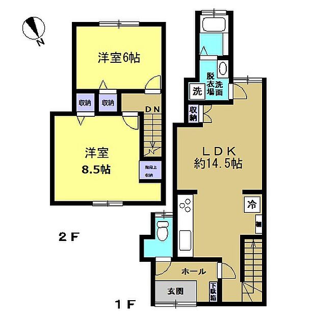 リフォーム後の間取図です。2LDKの2階建てです。LDKを新設しました。ややコンパクトな建物ですが、少人数の家族にぴったりですね。各部屋に収納がついているのでお部屋がすっきり片付きます。