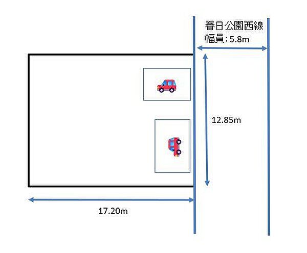 【区画図】前面道路はゆとりのある約5.8m幅で、お車の出入りもスムーズに行えます。