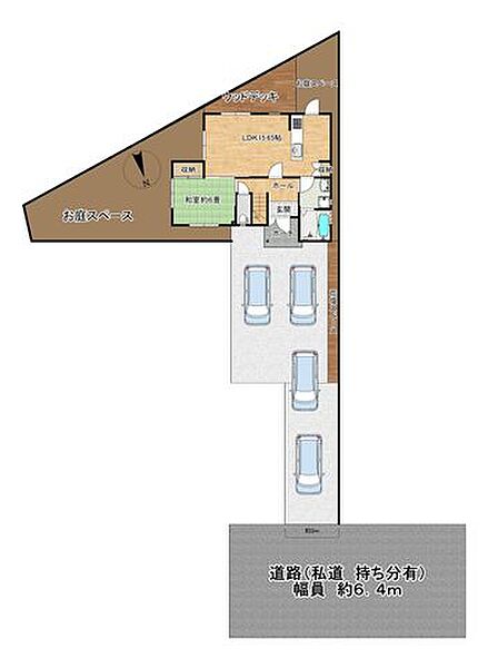 【区画図】建物は奥まった位置にあるため、プライバシーを守れる土地形状です。駐車場は4台分ございます。駐車3台分ほどのお庭スペースを確保しています。