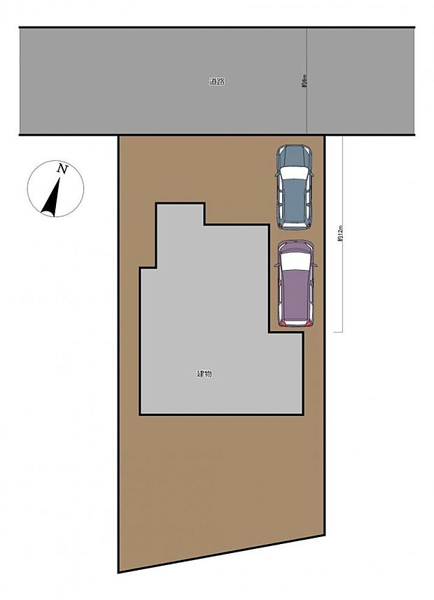 【区画図】駐車場は奥行約12mほどあり、2台は楽々とめて頂けます。