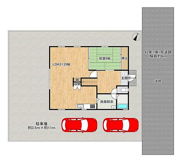 【区画図】前面道路は北東向きです。南西向きのお庭があります。家庭菜園も出来そうですね。