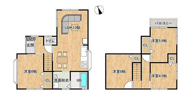 【間取り図】洋室4部屋の4LDKの間取りになります。コンパクトな間取りですね。和室をLDKに取り込みLDKの拡張を行います。