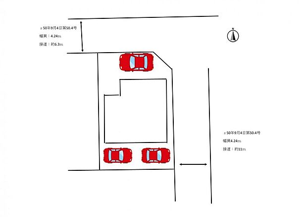 【区画図】現地の区画図です。北側に普通車1台、南側に軽自動車2台駐車可能です。