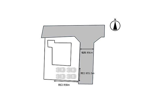 【区画図】敷地は北東角地に位置しています。駐車場の拡張工事を行いますので普通車が縦並列で合計4台停められるようになります。