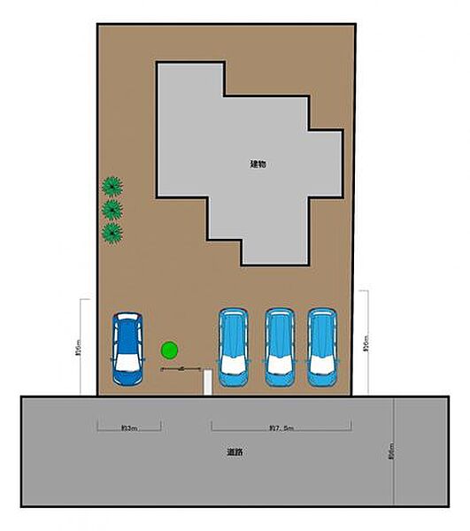 【区画図】駐車は拡張を行いました。カーポート1台と並列3台分の駐車スペースがあります。ご家族のお車はもちろん来客時にも余裕をもって停められそうです。