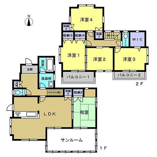 【間取り図】5LDK・北側、西側と2方道路、南に庭があります。十分な部屋数がありますので、ご家族でも住みやすい住宅です。