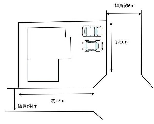 【区画図】このお家は団地内の角地にございます。駐車スペースは図の通りに敷地内に約2台分駐車できるように確保します。