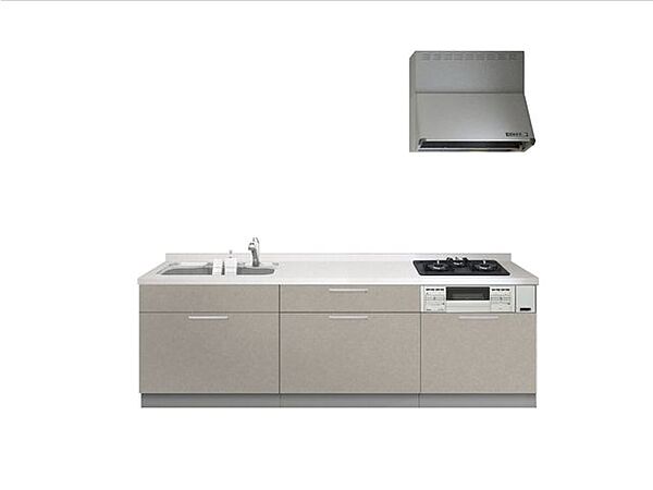 【同仕様画像】キッチンは幅約255cmと広々しています。現在L型のキッチンですが、LDK間取り変更に併せてI型キッチンに変更致します。スライド式の収納に調理器具等も整理出来ます。