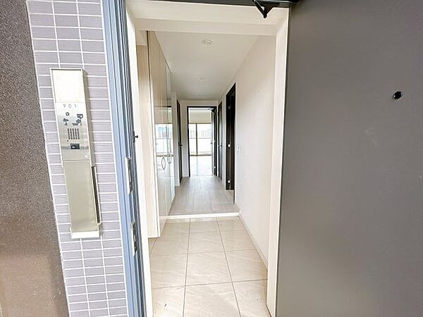 【現況販売中】玄関から見た廊下の写真です。落ち着きのあるシックなデザインです。