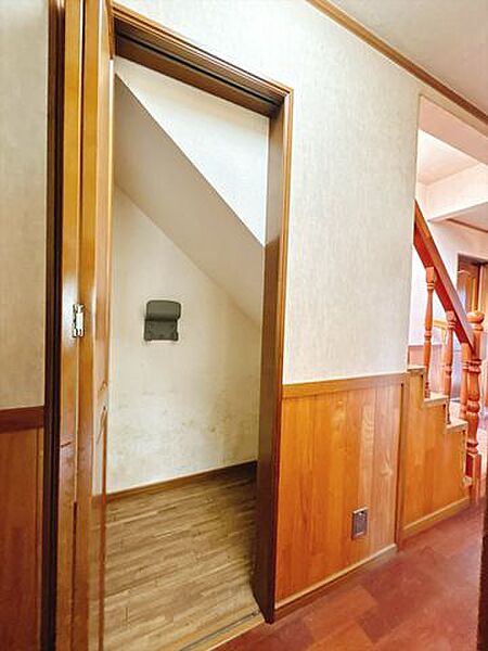 階段下収納です。掃除機などの収納も良いですし、水回りが近いので、洗濯用品や洗い物洗剤の収納等の利用にも良いですね。