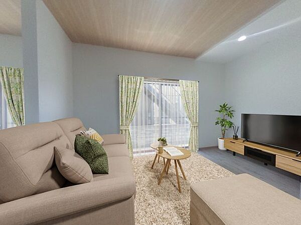 【リフォーム済】CG合成で家具を配置したイメージです。1階約16帖リビングです。壁天井クロス張替え、床フロアタイル仕上げ、照明新設及び交換を行いました。