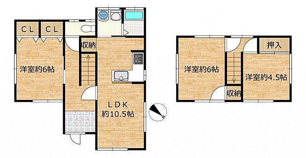 【間取り図】LDKの拡張工事を行い、3LDKに変更しました。各居室に収納がある住宅です。