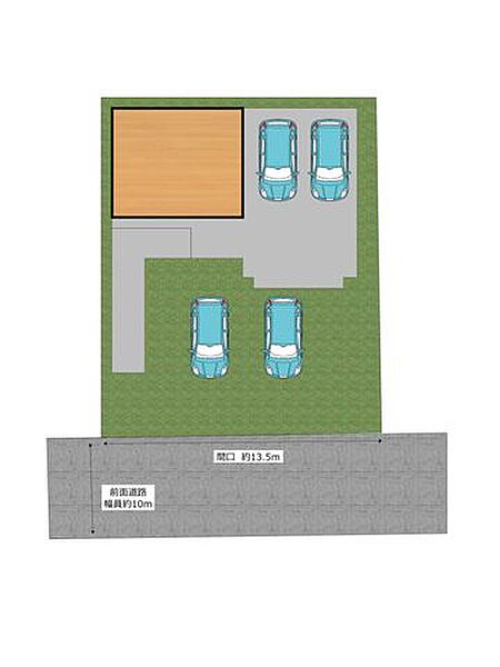 【区画図】2階部分が重なる場所は、屋根付きのような形で使用することができます。駐車4台可能ですが、停め方によってはもう複数台駐車可能です。