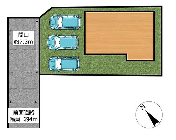 【区画図】突き当りが行き止まりのため、車種・停め方によっては切り返しが必要ですが駐車並列3台可能です。
