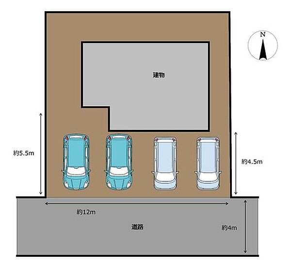 【区画図】駐車場の拡張工事を行い、並列4台駐車可能になりました。