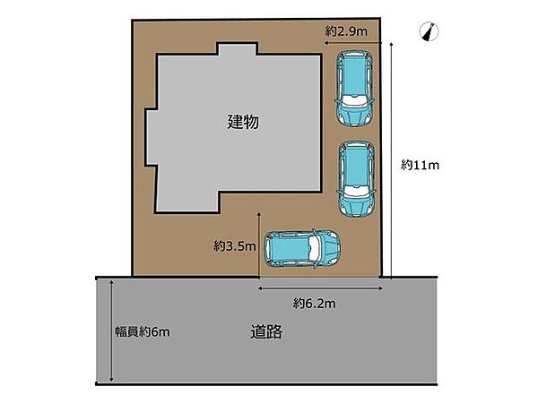 【区画図】駐車場拡張工事を行い、普通車2台、軽自動車1台駐車可能になります。