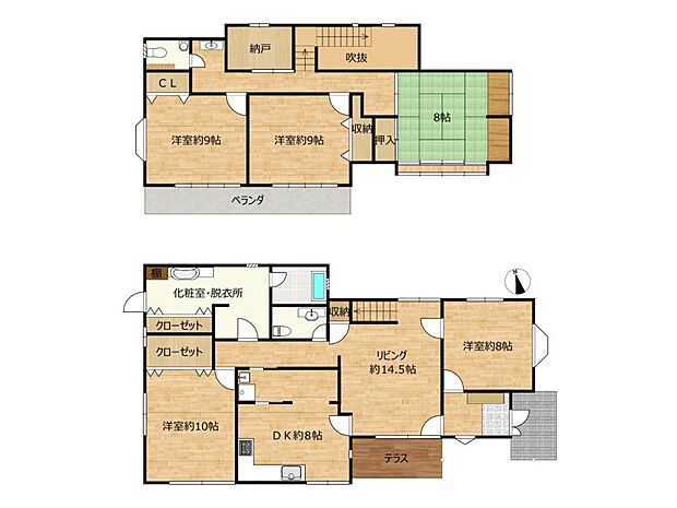【間取り図】5SLDK建物坪数約59坪、全居室6帖以上のおうちです。5人家族でも一人ずつ部屋を持てますね。