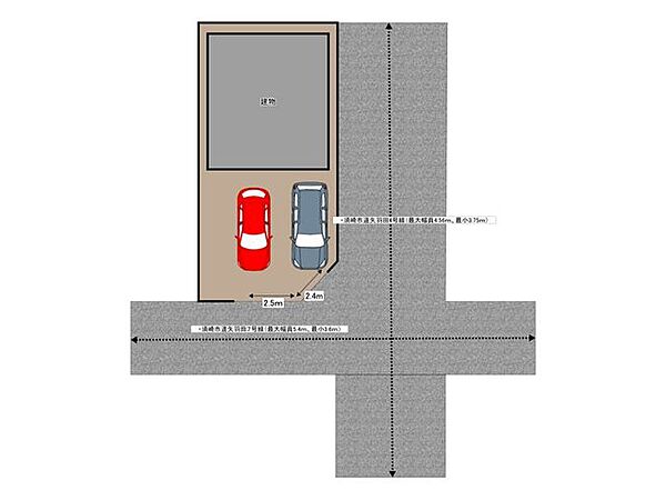 【リフォーム済】区画図。駐車場は切り下げ工事を行いました。普通車2台並列駐車可能です。