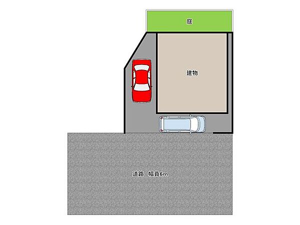 【リフォーム中】区画図。駐車二台可能です。前面道路も広いため、運転が苦手な方でも安心です。