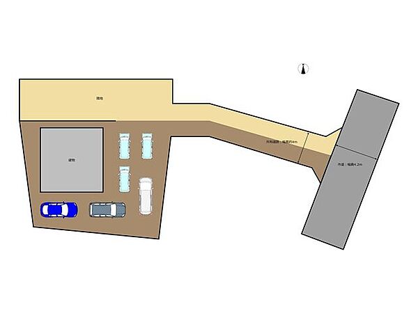 【区画図】幅員約4.2ｍの道路に約3.7ｍ接道しています。土地は約94坪あり、車は6台駐車可能です。