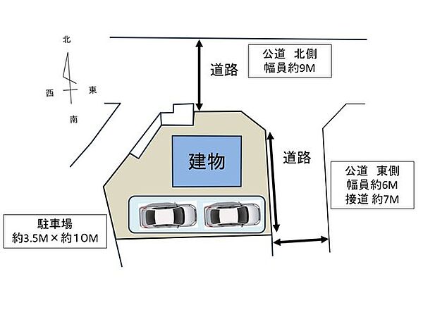 【配置図】北側幅員約9Mの公道に面した住宅です。2台駐車可能です。