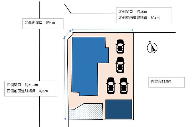 【区画図】駐車場は4台分あり、南側には畑、倉庫がございます。広いので、お客様好みでカーポートを設置することも可能です。