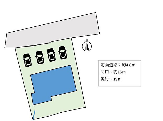 【区画図】駐車場は並列で4台分ございます。広いので、お客様好みでカーポートを設置することも可能です。