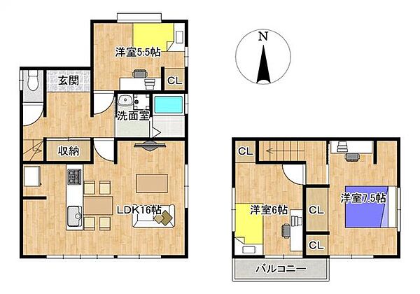 リフォーム後の間取り図です。1階にLDKと1部屋、2階に2部屋の3LDKになります。