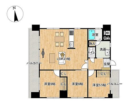 【間取図】キッチンは対面に変更します。リビング約21帖の3LDKです。