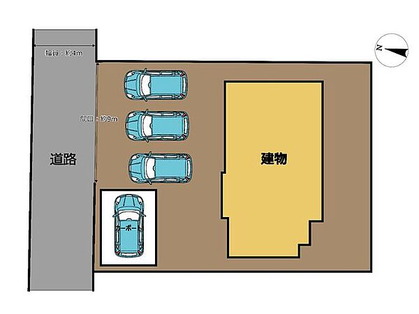 【敷地図】当住宅の敷地図イメージです。駐車場は普通車が並列で3台駐車可能。別でカーポートが1台分あります。雨の日でも荷物の出し入れラクラクです。
