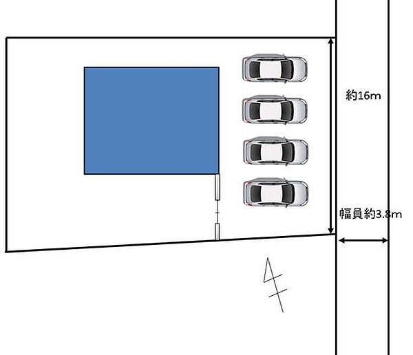 区画図です。駐車は最大で4台可能、古いカーポートは撤去します。