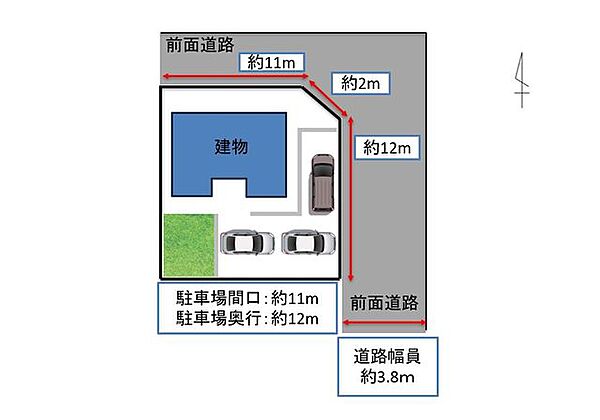 【区画図】駐車場は縦列2台+横付け1台の計3台駐車可能です。カーポート付きなので、雨の日でも安心ですね。