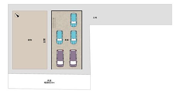 【配置図】車庫には5台駐車可能になります。※図と異なる場合は現況を優先します。お車の形状によっては駐車できない場合もあります。ぜひ現地でご確認ください。
