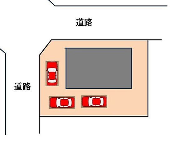 【区画図】玄関前にも軽自動車を1台、縦列で2台駐車可能です。敷地内には合計3台駐車でき、ご家族や来客時にも安心です。