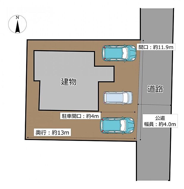 【区画図】お家の区画図です。花壇等を撤去し駐車3台可能となっています。北側の駐車スペースにはカーポートもついております。