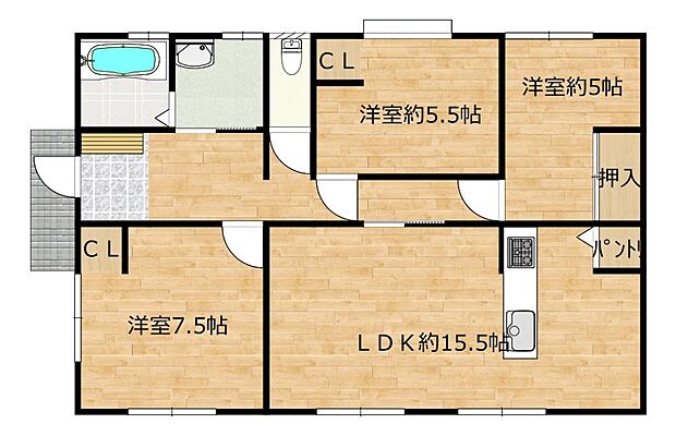 【RF後間取り図】3LDKの間取りに変更しました。LDKは15帖ほどと開放的な空間にしています。その他の居室（洋室）も3部屋あるので、ご家族でのお住まいにもぴったりです。新生活にいかがでしょうか。