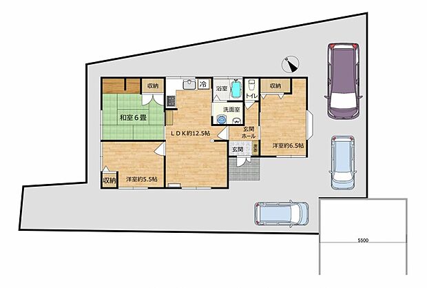 【敷地配置図】当住宅の敷地内のイメージです。駐車場を拡張し駐車場3台駐車可能です。