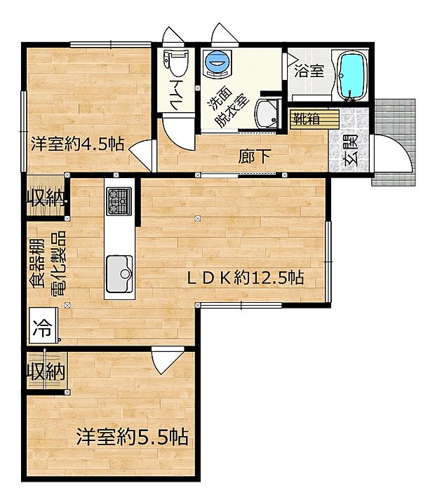 【リフォーム後間取り】洋室2部屋、約12.5畳のLDK、トイレ、ユニットバス、脱衣洗面スペースと、コンパクトながら住みやすい間取りです。