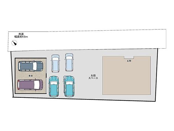 【配置図】駐車場はシャッター付き車庫に2台、駐車スペースに4台駐車可能になります。※図と異なる場合は現況を優先します。お車の形状によっては駐車できない場合もあります。ぜひ現地でご確認ください。