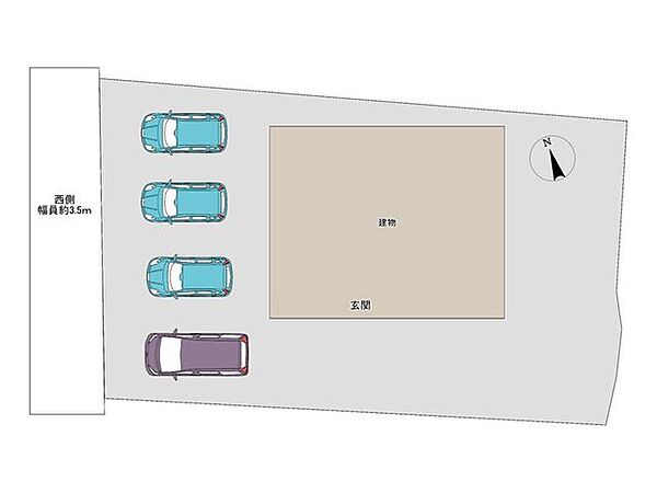 【配置図】駐車場拡張工事を実施し、並列4台駐車可能になります。※図と異なる場合は現況を優先します。お車の形状によっては駐車できない場合もあります。ぜひ現地でご確認ください。
