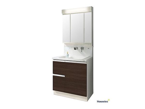 【同仕様写真】洗面化粧台はハウステック製の新品に交換します。三面鏡の裏側はすべて収納になっています。洗面ボウルは底が平らなので、つけ置き洗いなどの家事でも活躍します。
