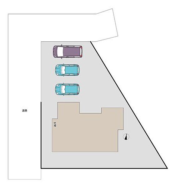 【現地配置図】駐車場拡張工事を実施し、並列3台駐車可能になります。※図と異なる場合は現況を優先します。お車の形状によっては駐車できない場合もあります。ぜひ現地でご確認ください。