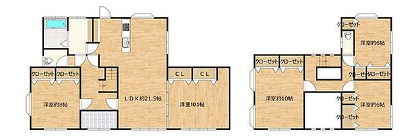 【リフォーム中間取り図】1階に洋室2部屋、リビングダイニングキッチン、浴室、洗面脱衣室、トイレ、2階は洋室3部屋、トイレとなっております。※図と相違がある場合は現況を優先します。
