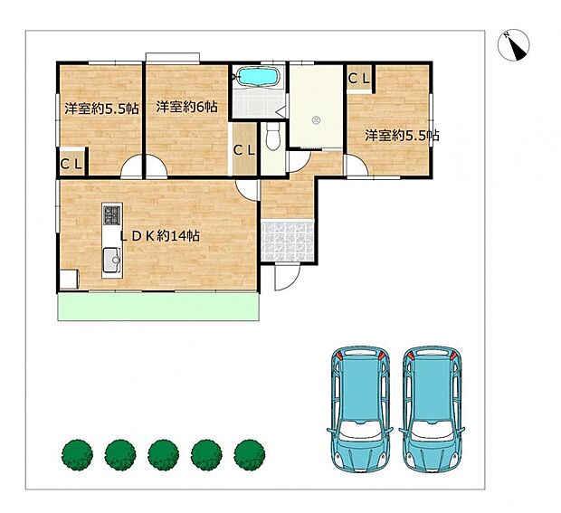 【敷地配置図】当住宅の敷地イメージです。南西側にお庭があります。駐車場は普通車並列2台駐車可能です。