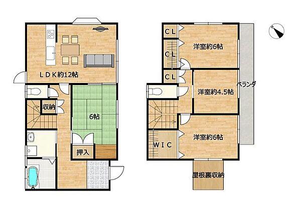 【間取図】リフォーム後の間取り図です。LDK12畳は対面キッチンに変更します。和室1部屋、洋室3部屋の4ＬＤＫです。