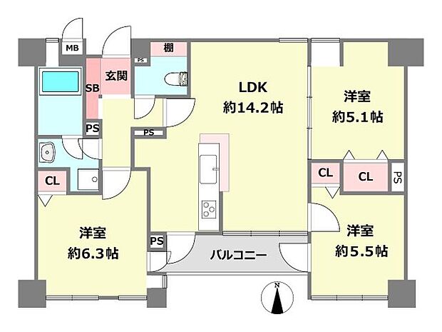 パレ北武庫之荘V壱号棟(3LDK) 3階の間取り