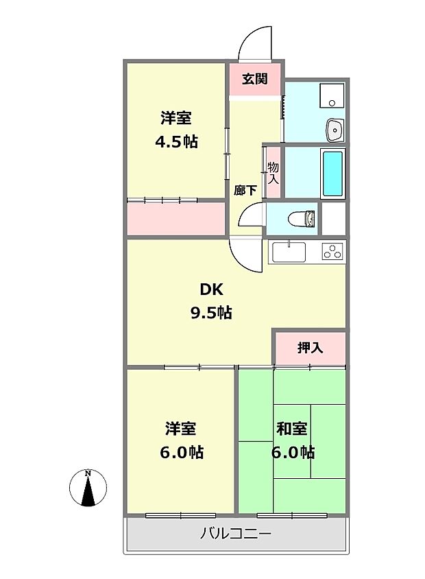 南塚口パークマンションA棟(3DK) 3階の間取り